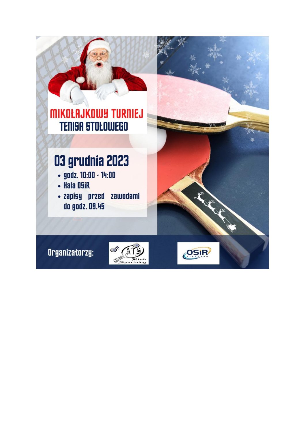 Mikołajkowy Turniej tenisa stołowego dla dzieci – 03.12.2023 – organizator Klub Sportowy ATS oraz OSiR Stargard
