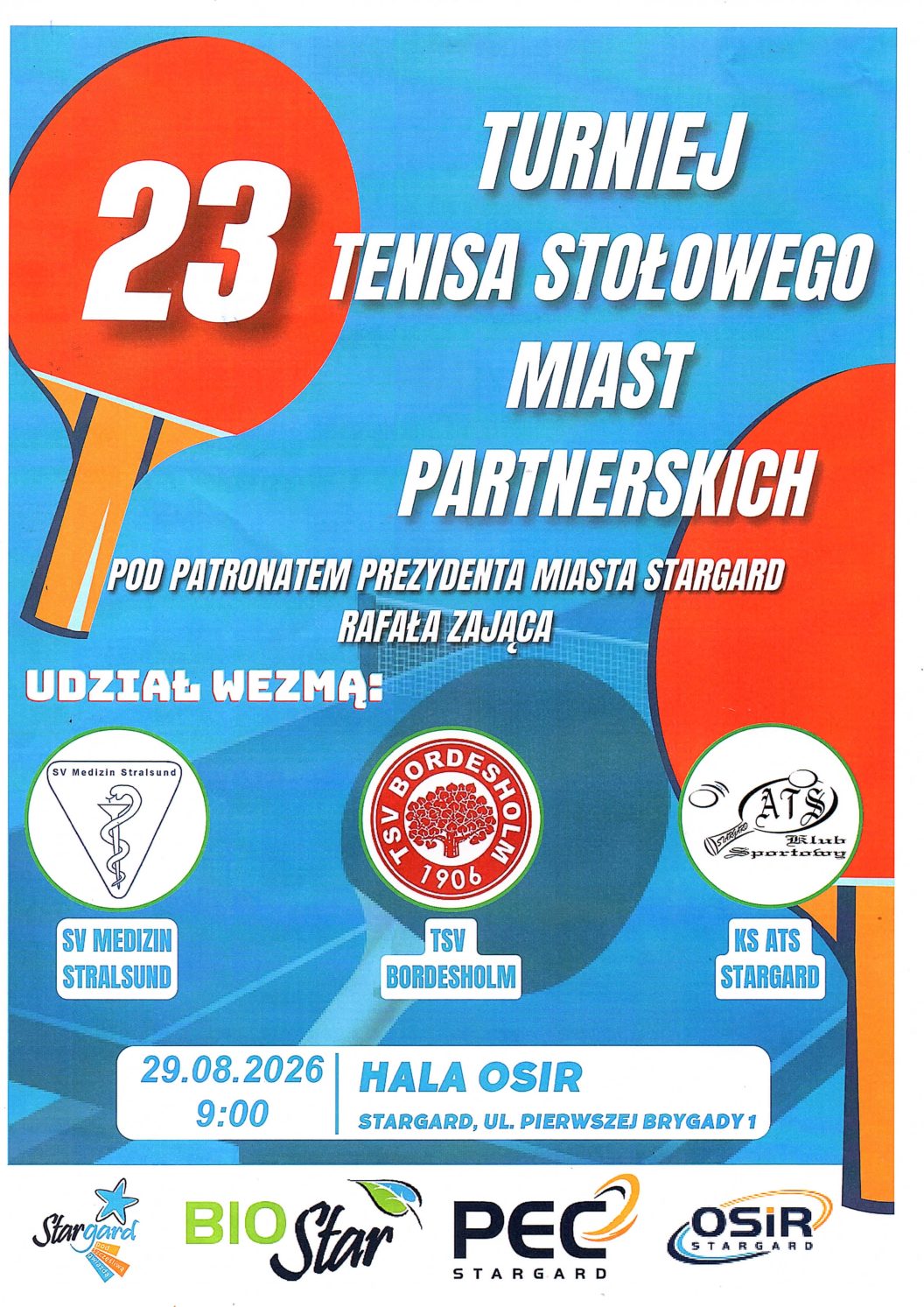 23 Turniej Tenisa Stołowego Miast Partnerskich – 29.VIII.2026 r.
